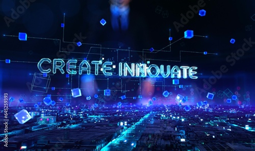 Create Innovate - businessman working and touching with augmented virtual reality at night office.