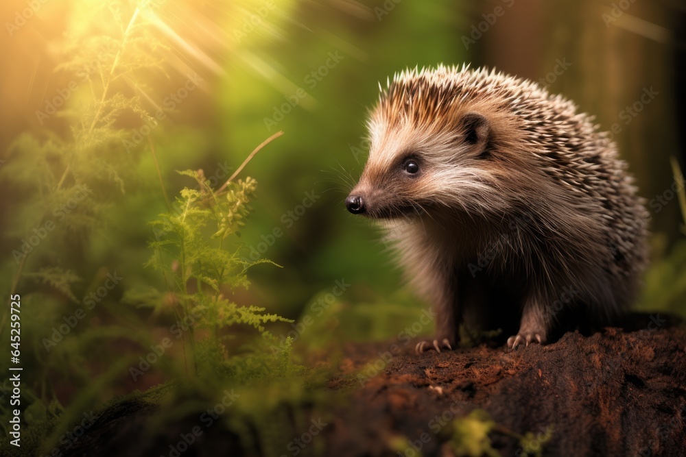 Naklejka premium Cute adult hedgehog in summer or autumn forest. Young beautiful hedgehog in natural habitat, outdoors in nature.