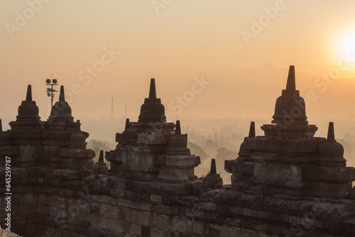Sunrise at Borobodur pagode towers in Java Indonesia