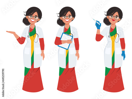 Indian doctor wearing a Saree and wearing white coat with stethoscope. Doctor character pose set.
