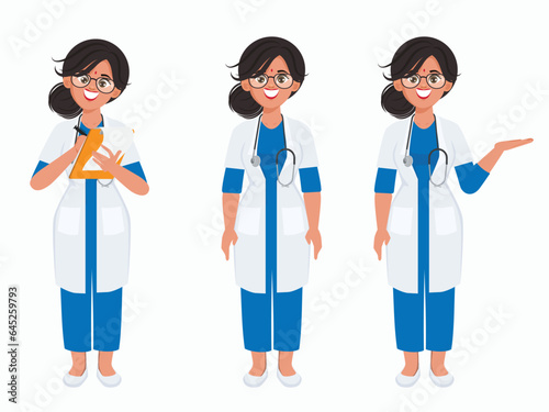 Indian doctor wearing white coat with stethoscope. Doctor character pose set.