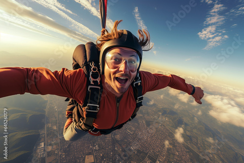 Fotótapéta Capturing the thrilling moment of a skydiver in freefall during a parachute jump