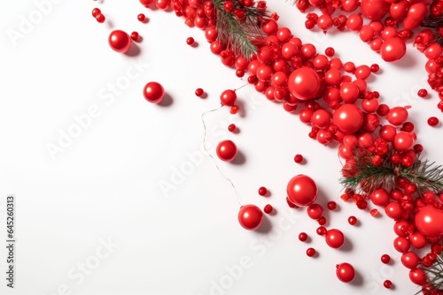 A festive table decorated with red balls and greenery