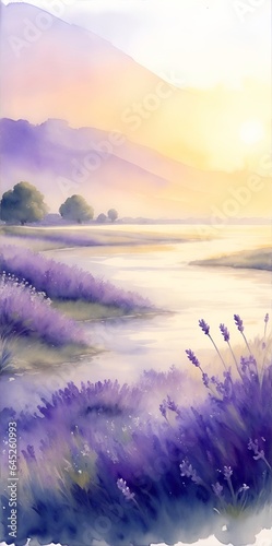 Watercolor lavender field. AI generated illustration