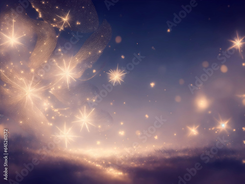 Blurred christmas bokeh with stars and sparkls, glittering lights, magic atmosphere. New year greeting card, postcard with copyspace. 