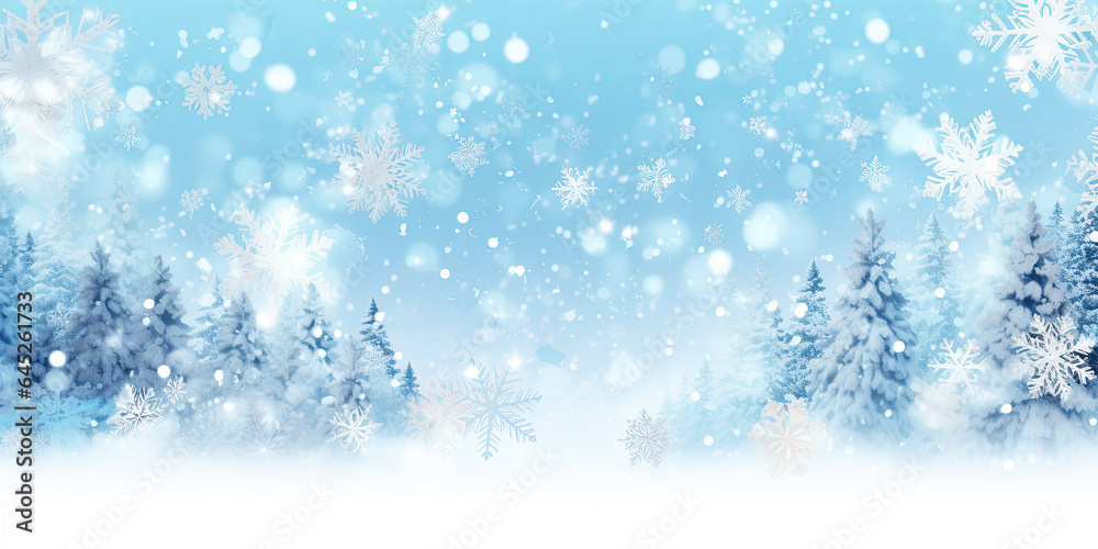 Winter season landscape, snowy forest, falling snowflakes, simple snow banner background