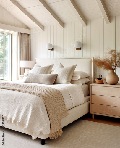Wood bedside cabinet near bed with beige blanket. Farmhouse interior design of modern bedroom with lining wall and beam ceiling.