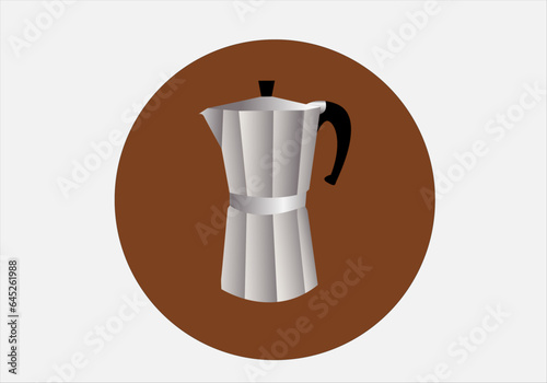 Icono de cafetera clásica de metal sobre círculo marrón café