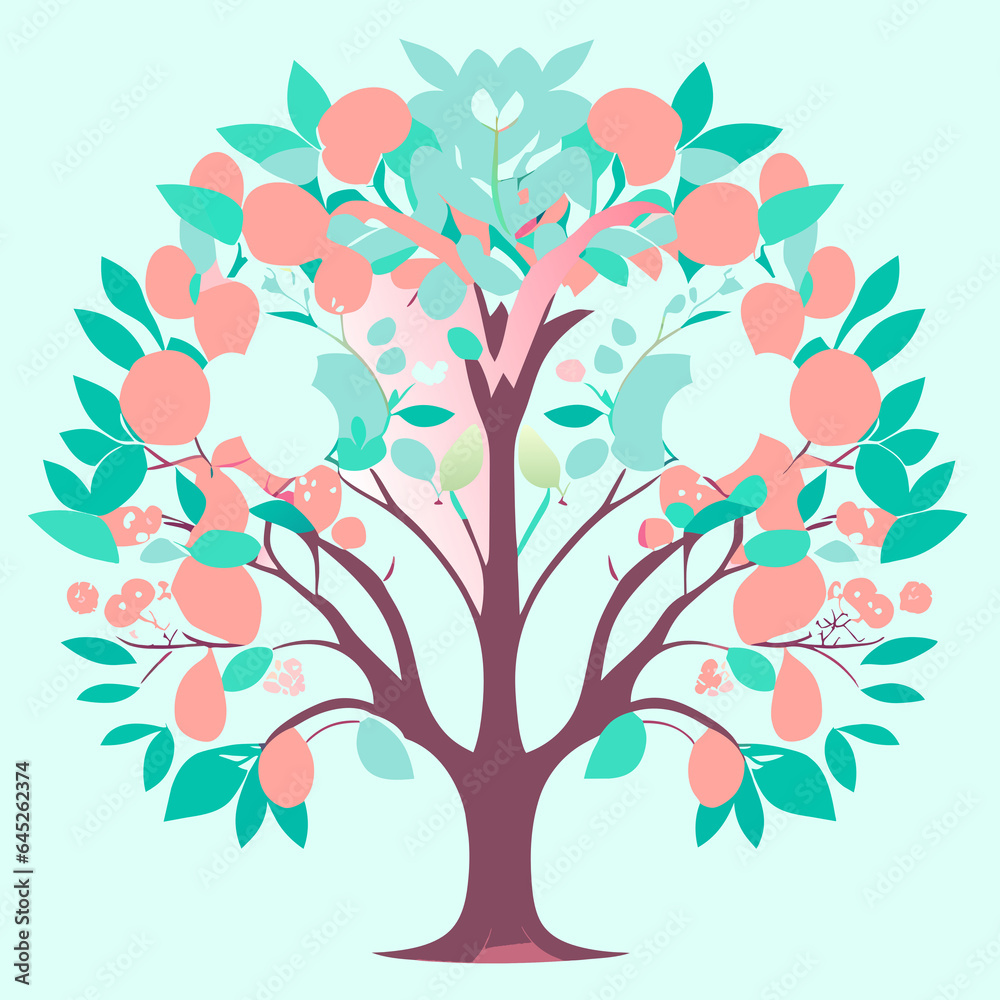 Beautiful art tree with pink flowers and green leaves isolated on white background