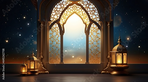 Ramadan celebration illustration template with Arabic lantern. copy space. banner decoration background. 