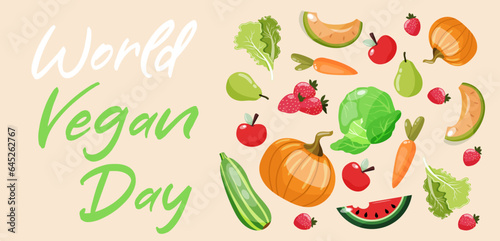 World vegan day banner with colourful fruits and vegetables. 