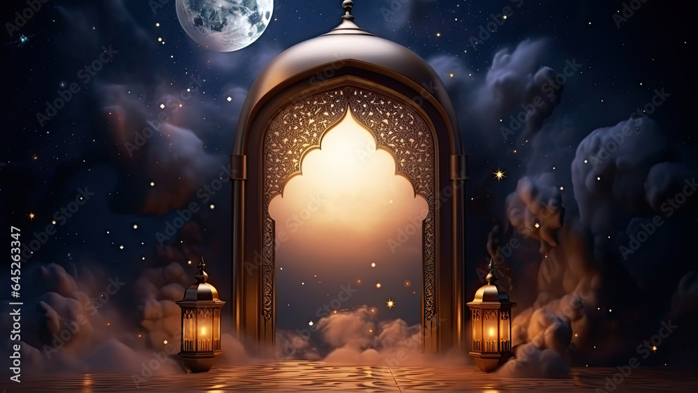 Ramadan celebration illustration template with Arabic lantern. copy space. banner  decoration background.  - obrazy, fototapety, plakaty 