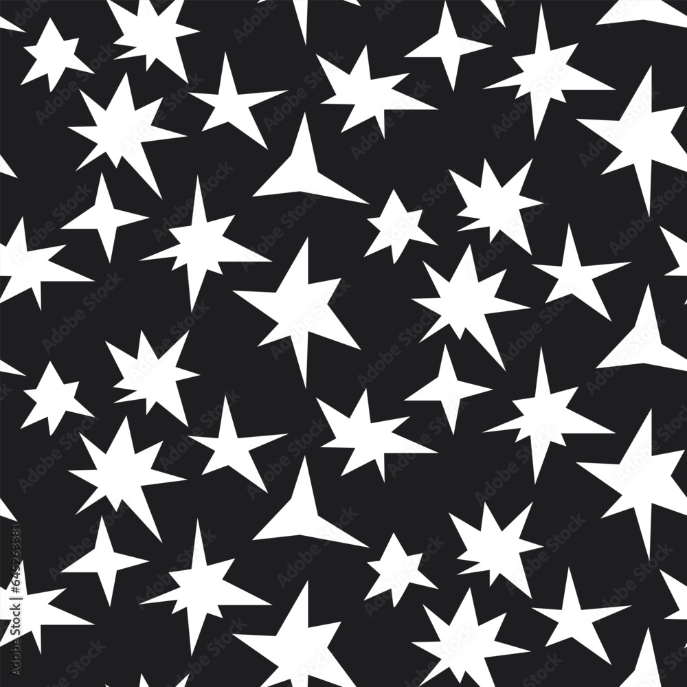 Seamless pattern in the form of white stars of various shapes. Bright sparks and outlines of flashes, similar to fireworks on a black background, glow. Flickering glare glow light effect, bright flash Seamless pattern in the form of white stars of various shapes. Bright sparks and outlines of flashes, similar to fireworks on a black background, glow. Flickering glare glow light effect, bright flash