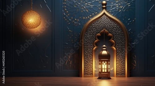 Ramadan celebration illustration template with Arabic lantern. copy space. banner decoration background. 