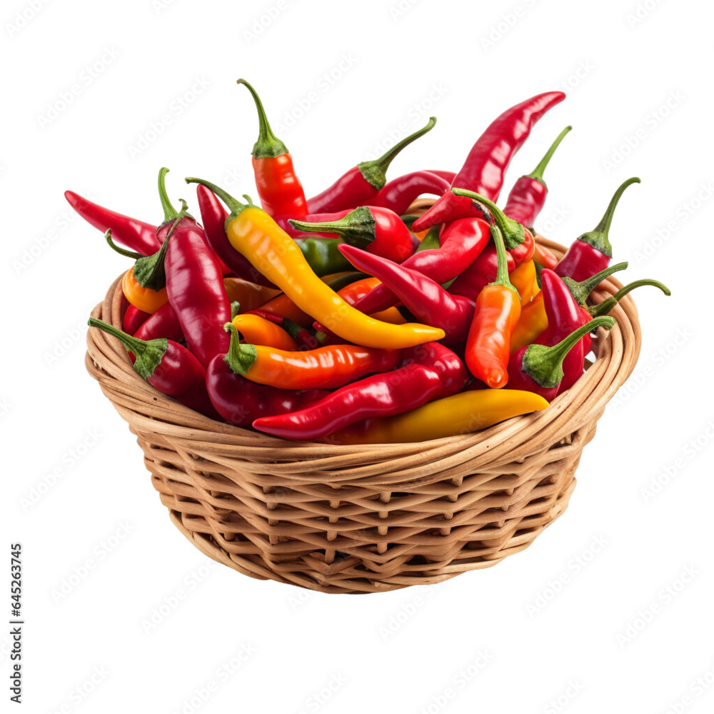 Several chili peppers in a basket on a white background. Generative AI Several chili peppers in a basket on a white background. Generative AI