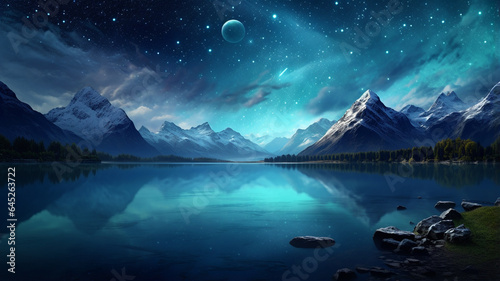 beautiful night starry sky with mountains and lake