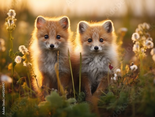 Two little foxes are sitting in the grass. Generative AI.