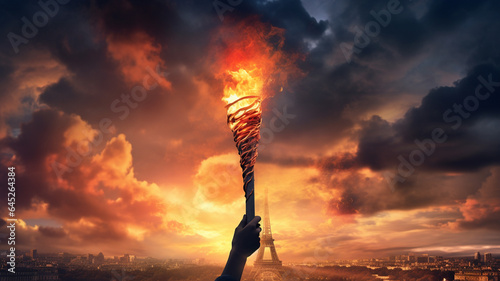 burning torch with flame in hand and eiffel tower