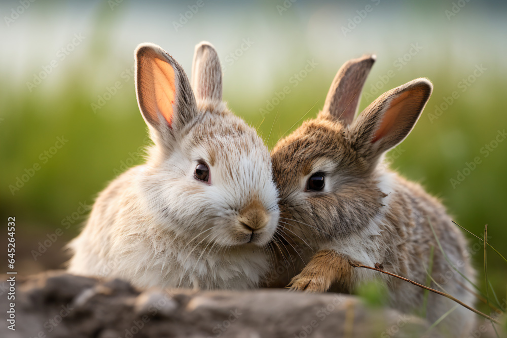 two rabbits are sitting next to each other two rabbits are sitting next to each other
