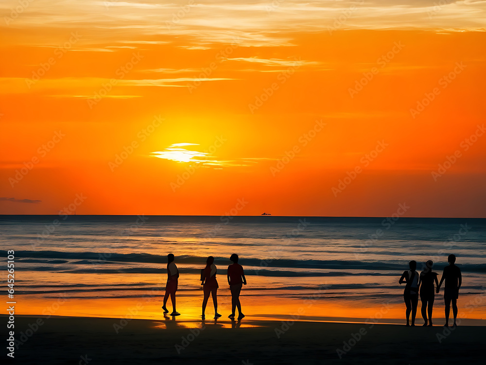 summer people in silhouette enjoying the sunset on the beach