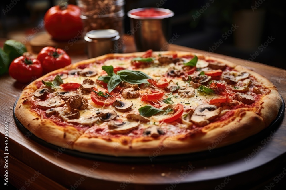Delicious fresh pizza on wooden pizza board on table with vegetables and spices
