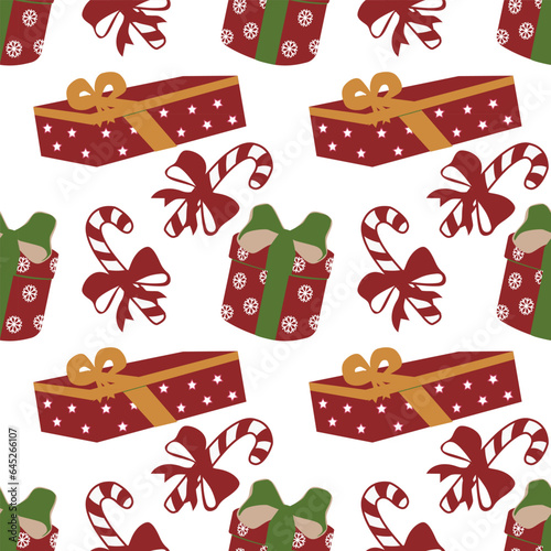 Christmas gifts seamless pattern. Vector, flat style. Perfect for textile, wallpaper or print design.