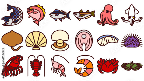 シーフードのアイコンセット。シンプルなベクターイラスト。
Seafood icon set. Simple vector illustrations.