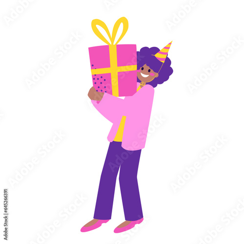 Happy people celebrating birthday, holding champagne and party cake with candles, congratulating person. Colored flat vector illustration isolated on white background