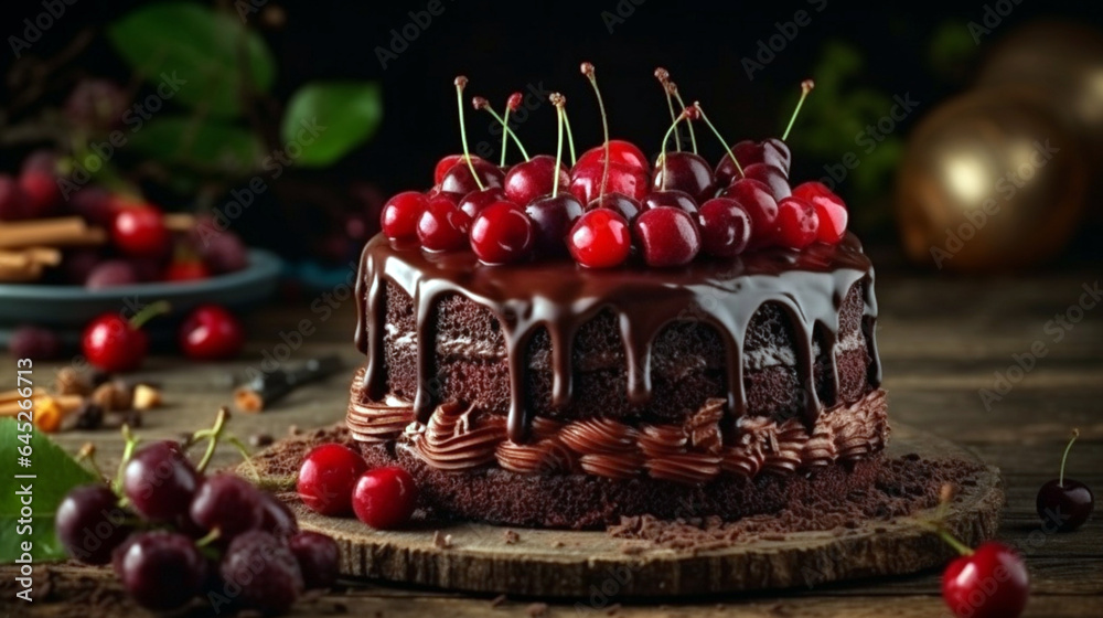 Delicious Black Forest Cherry Cake, Schwarzwald pie dessert, over a dark rustic wood table - obrazy, fototapety, plakaty 