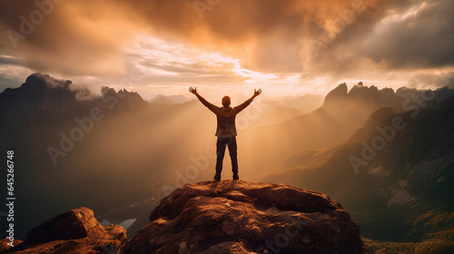 Joyful Man Celebrating on Mountain Summit with Arms Uplifted