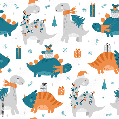 Seamless pattern with Christmas dinosaurs. Cute dinosaurs with gifts and Santa hats. Hand drawn vector illustrations