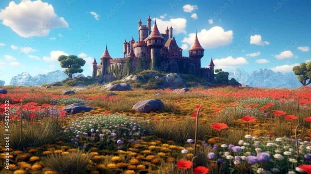 summer landscape of fantasy kingdom with royal palace with towers. Medieval chateau on green fields