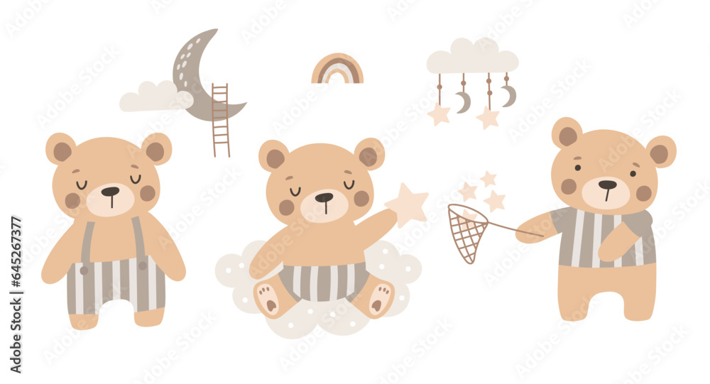 Fototapeta premium Set of cute Baby bear. Hand drawn vector illustrations