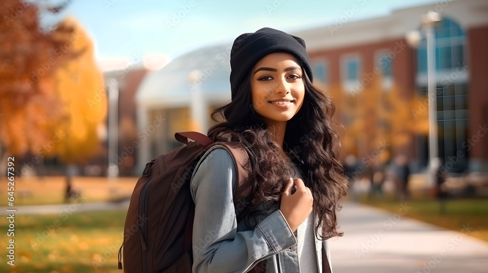 Young beautiful Indian girl with dark long hair, wearing casual clothes and backpack with college campus in background in autumn. Concept of a new student, college life, campus life.
