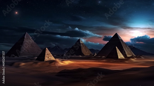 Majestic night scene with Pyramid huge Moon in starry dark blue sky. The Pyramids by night in Egypt