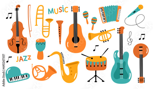 Set of  musical instruments in cartoon style isolated on white background. Vector illustration