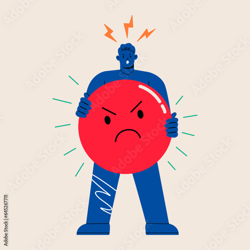 Man holding emoticon angry. Colorful vector illustration