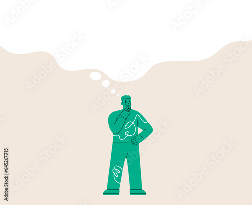 Think big concept. Man thinking with big bubble. Colorful vector illustration