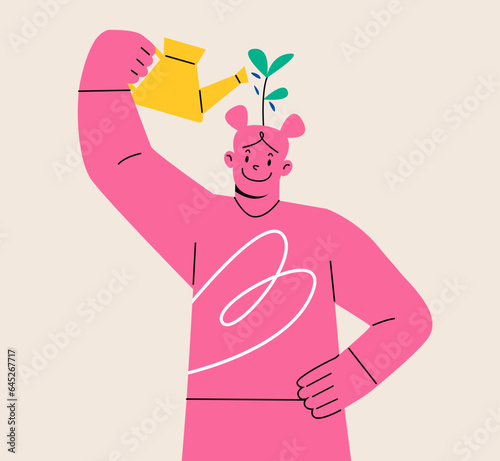 Young woman learner using watering can to water growing seedling on her head. Self improvement concept. Colorful vector illustration