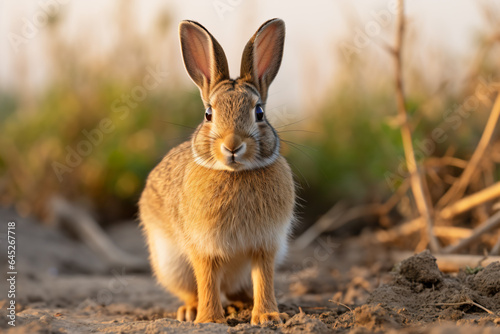 a rabbit standing in the dirt in the sun