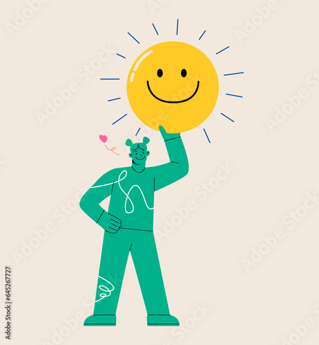 Woman holding emoticon happy. Colorful vector illustration