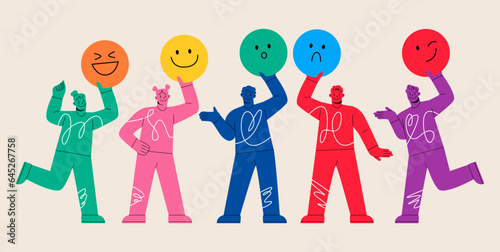 Man and woman showing emotion happy and sad faces. Colorful vector illustration