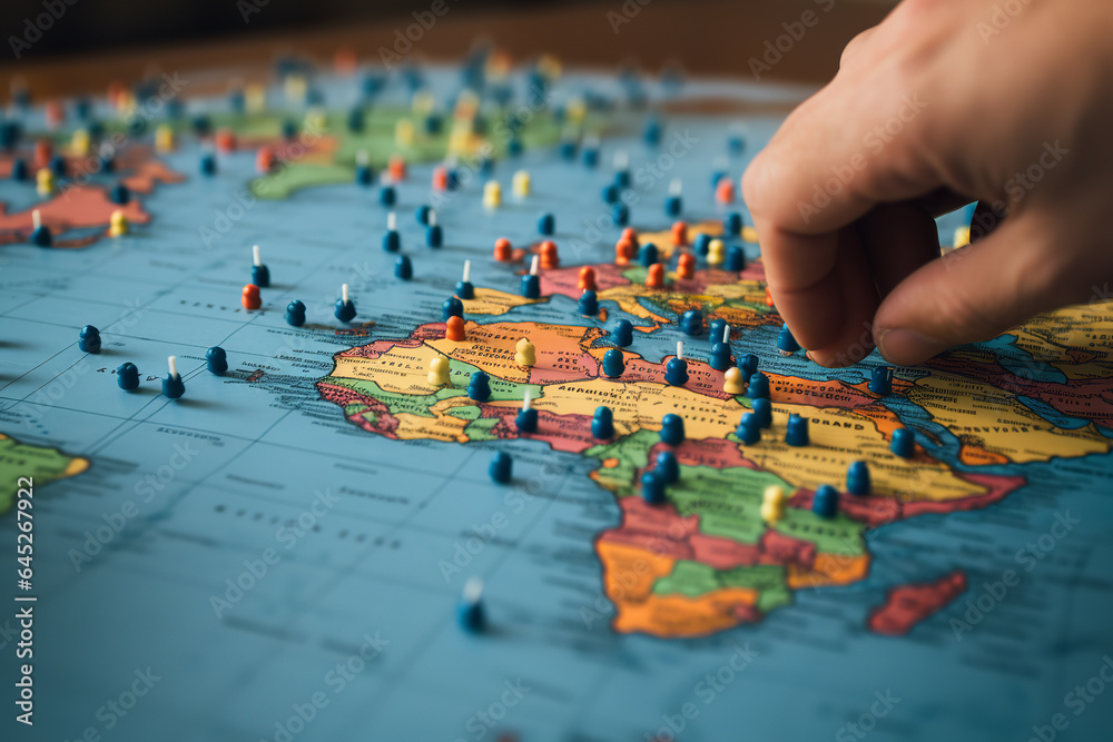 A logistician's hand carefully places colored pins on specific locations of a world map, strategizing global distribution routes for optimum delivery A logistician's hand carefully places colored pins on specific locations of a world map, strategizing global distribution routes for optimum delivery