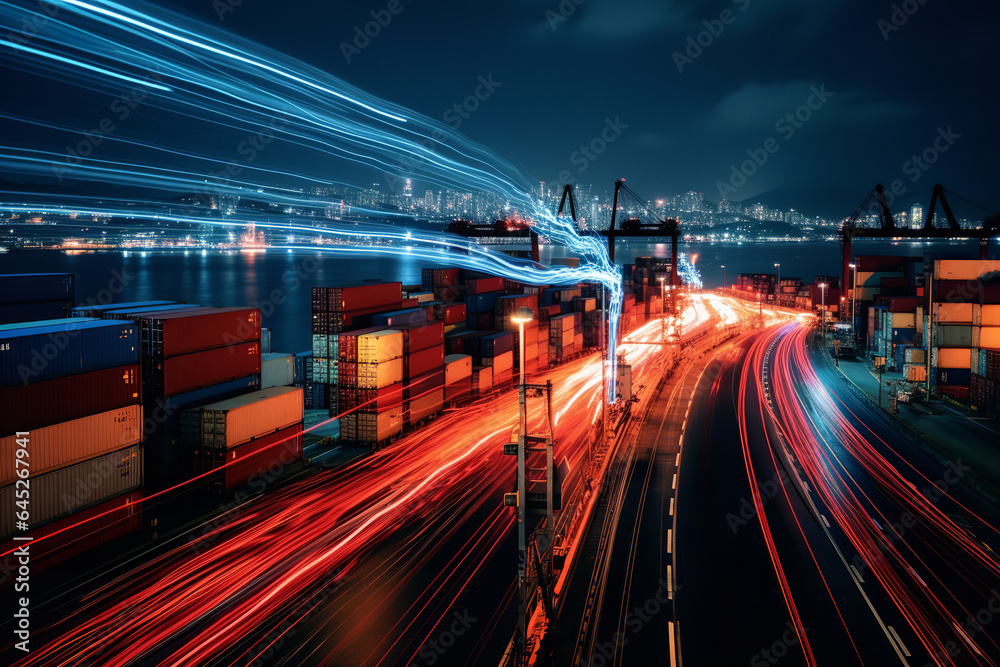  With a long exposure capture, a port comes alive with light trails showing the movement of containers, symbolizing constant logistics operations - obrazy, fototapety, plakaty 