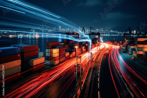  With a long exposure capture, a port comes alive with light trails showing the movement of containers, symbolizing constant logistics operations © Davivd