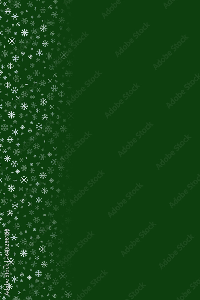 Snow falling on Christmas green background, new year card concept design with snowflakes, vertical format.