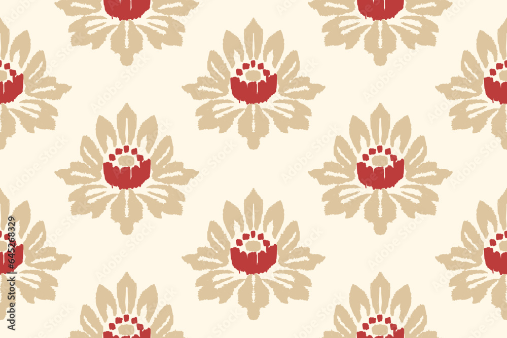 Embroidery of paisley flowers Ikat on a light yellow background. Traditional Ikat tribal pattern. Aztec abstract vector illustration. Seamless pattern in tribal, folk embroidery and Mexican style.