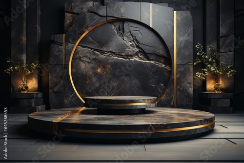 black luxury stone platform podium product presentation background. 3D rendering