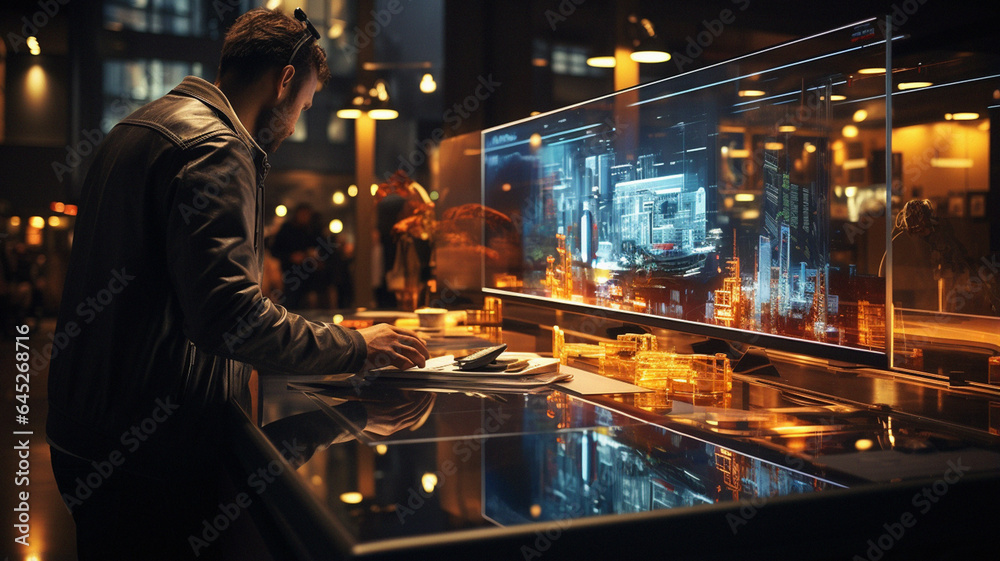 Futuristic Corporate Office: Employees Securing Data with Holographic Cybersecurity