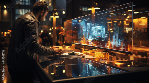 Futuristic Corporate Office: Employees Securing Data with Holographic Cybersecurity